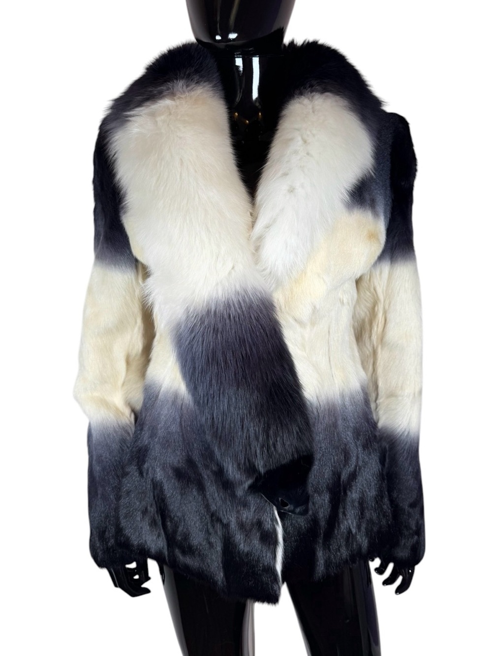 Luxury Black & cream  Ombré rabbit Fur Coat - Women fox collar jacket